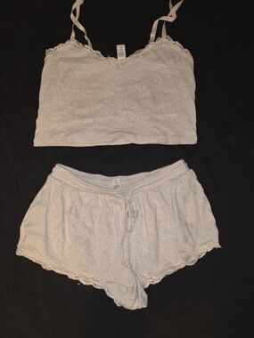 Forever 21 Cream Ribbed Lace-Trim Cami & Shorts Set